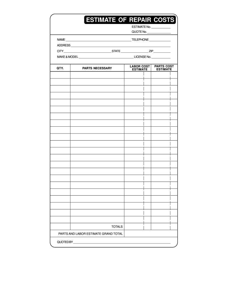 Printable Auto Repair Estimate Template