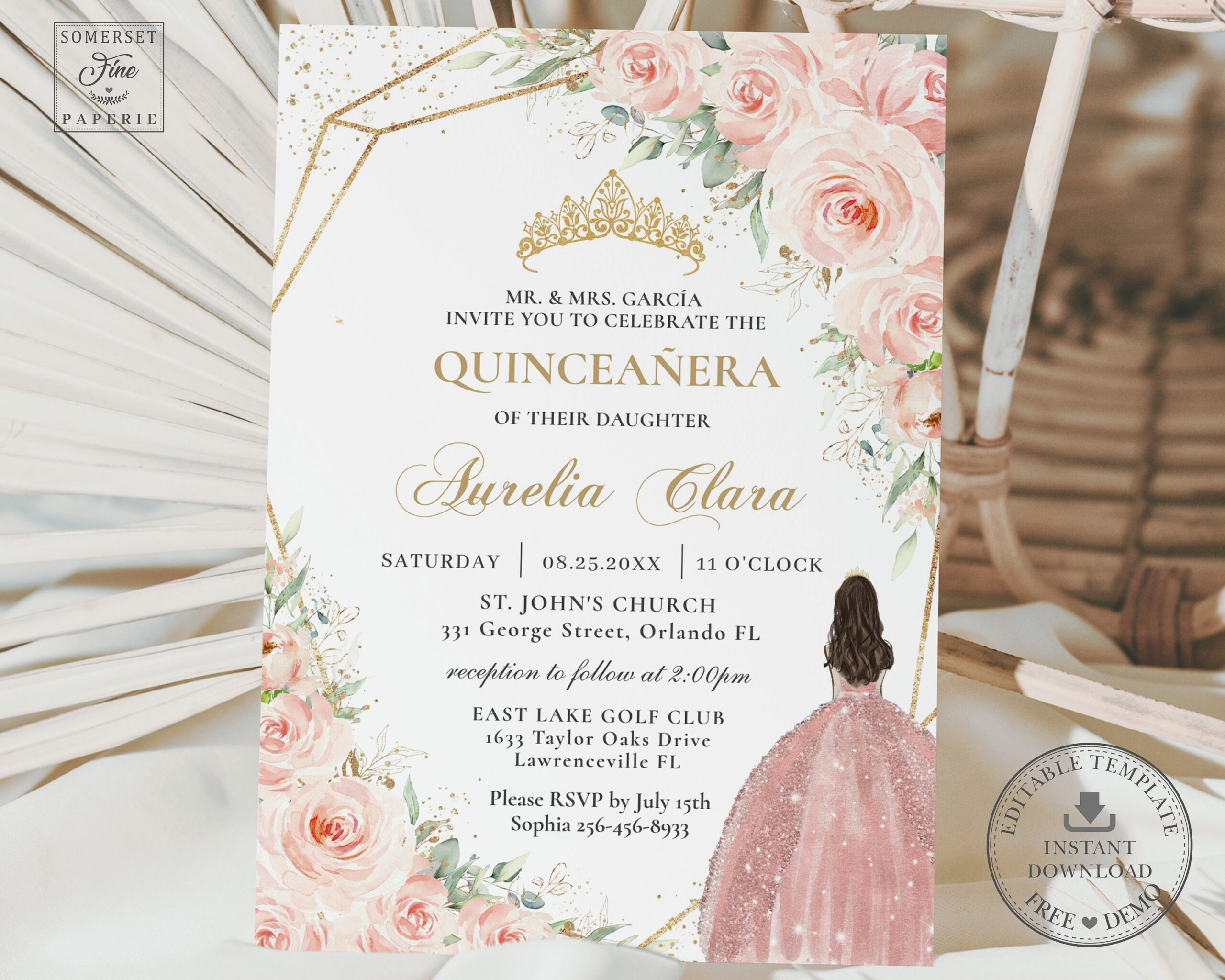 Soft Blush Floral Roses Quincea era Invitation Printable EDITABLE TEMPLATE Crown Rose Gold Mis Quince 15 Anos Birthday INSTANT Download QC7 Etsy