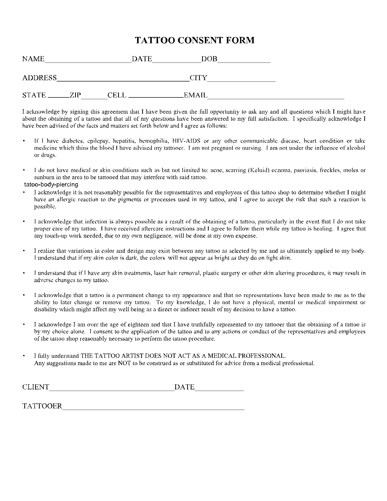 Tattoo Body Piercing Consent Form Template CocoSign