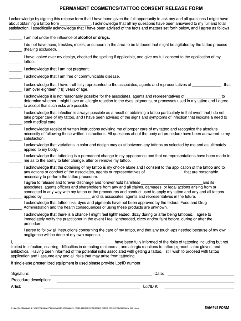 Tattoo Consent Form Printable