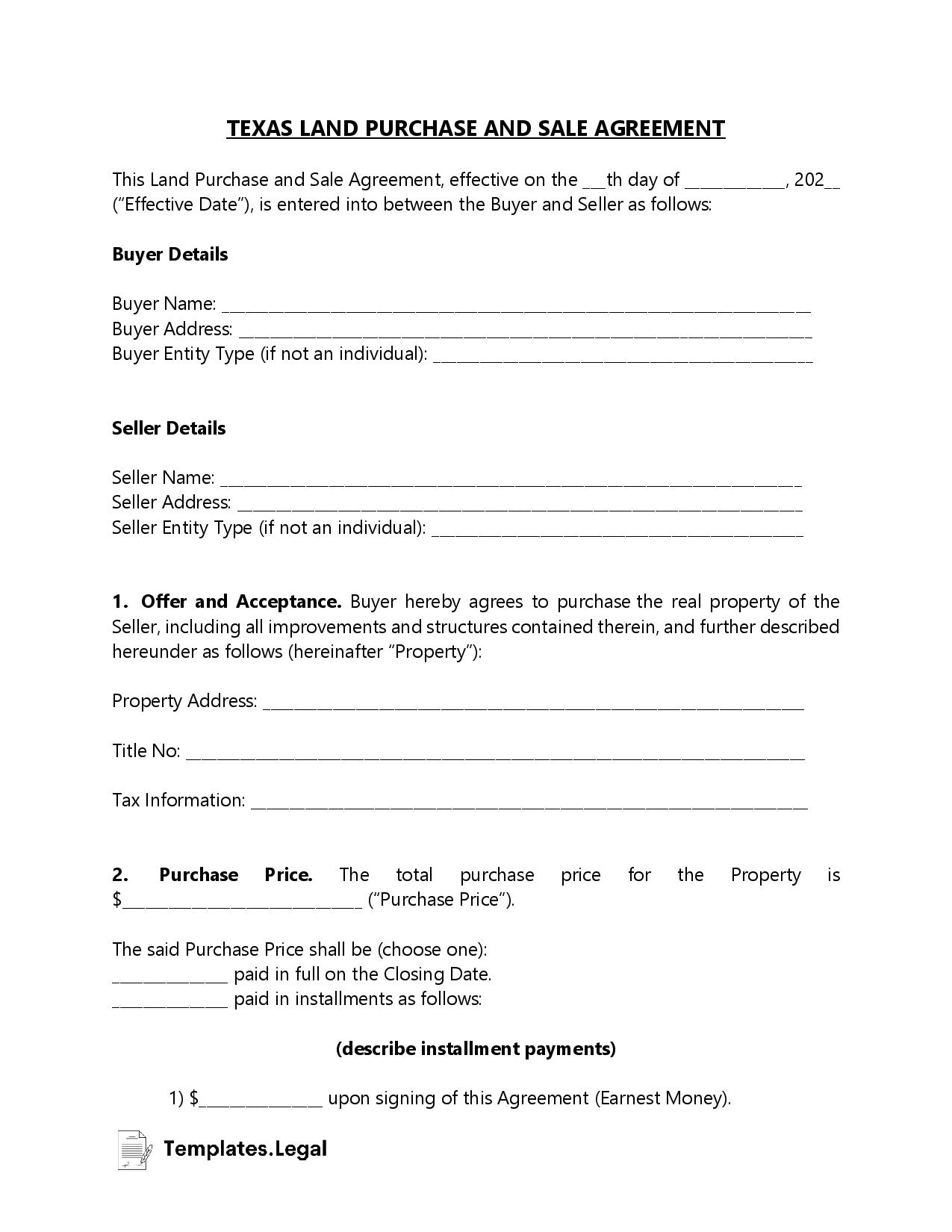 Texas Purchase Agreement Templates Free Word PDF ODT 