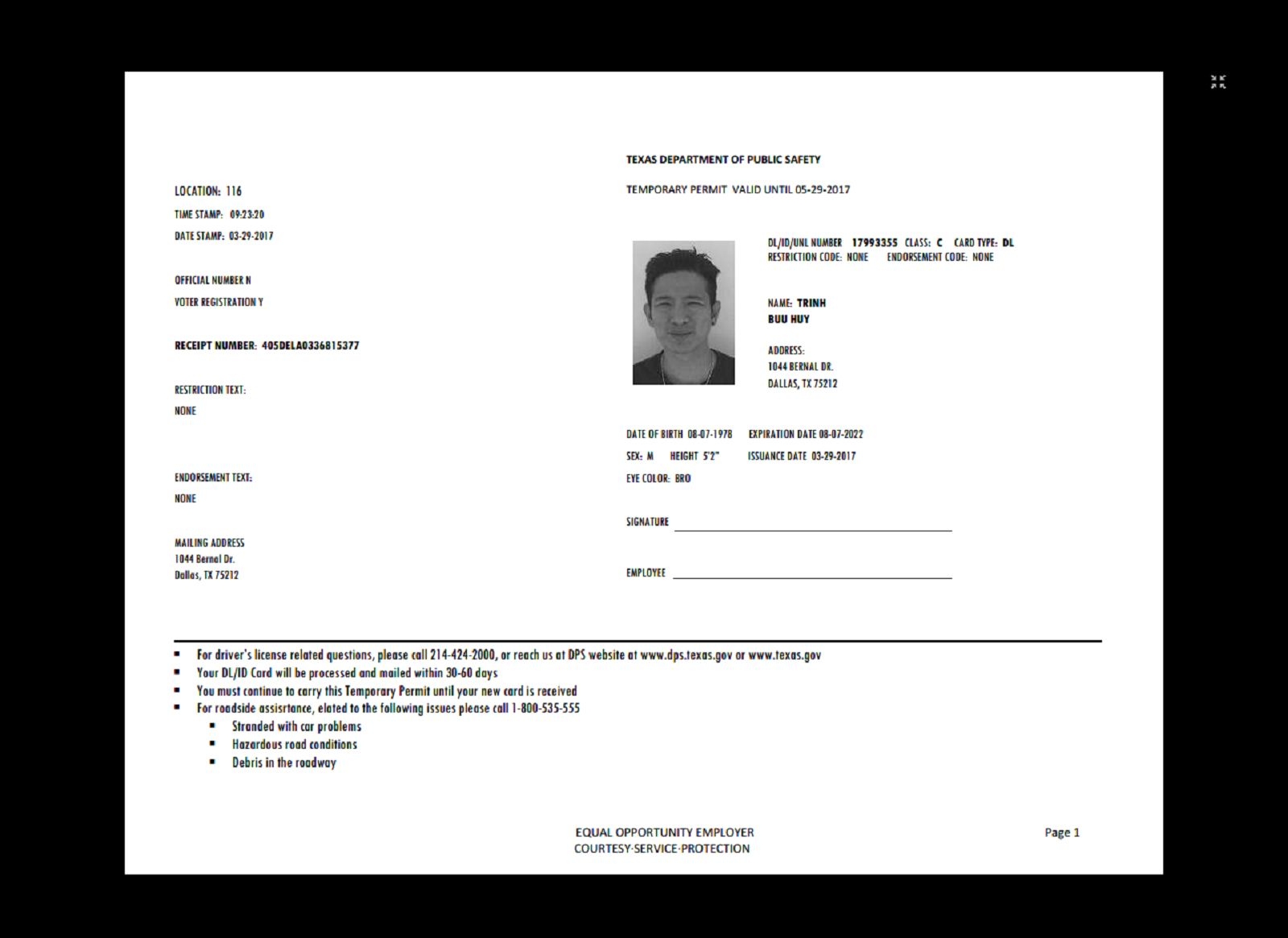 Texas Temporary Id Template