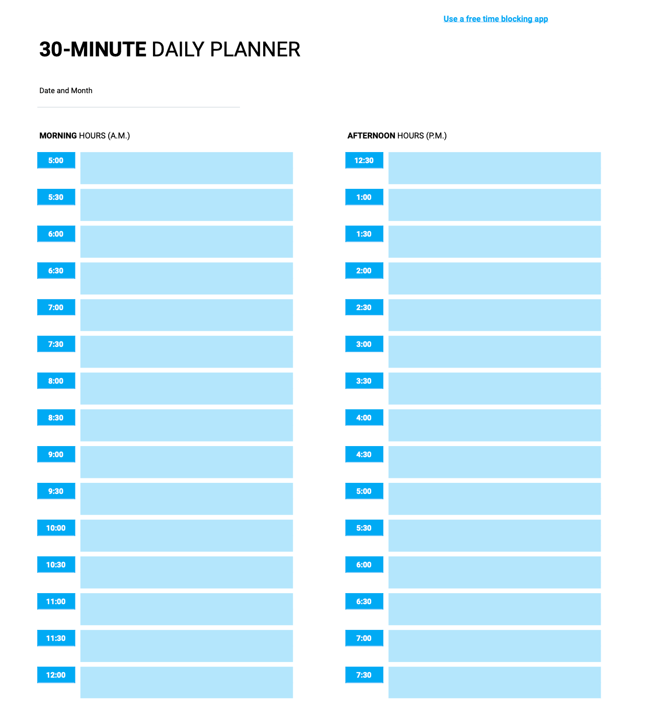 Printable 30 Minute Schedule Template