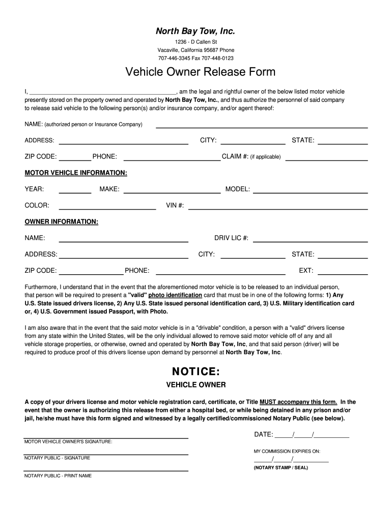 Vehicle Release Form Fill Online Printable Fillable Blank PdfFiller