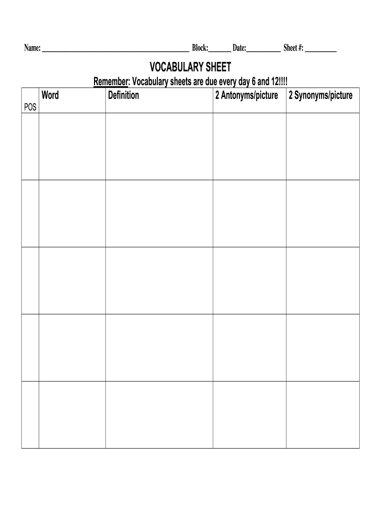 Printable Blank Vocabulary Worksheet Template