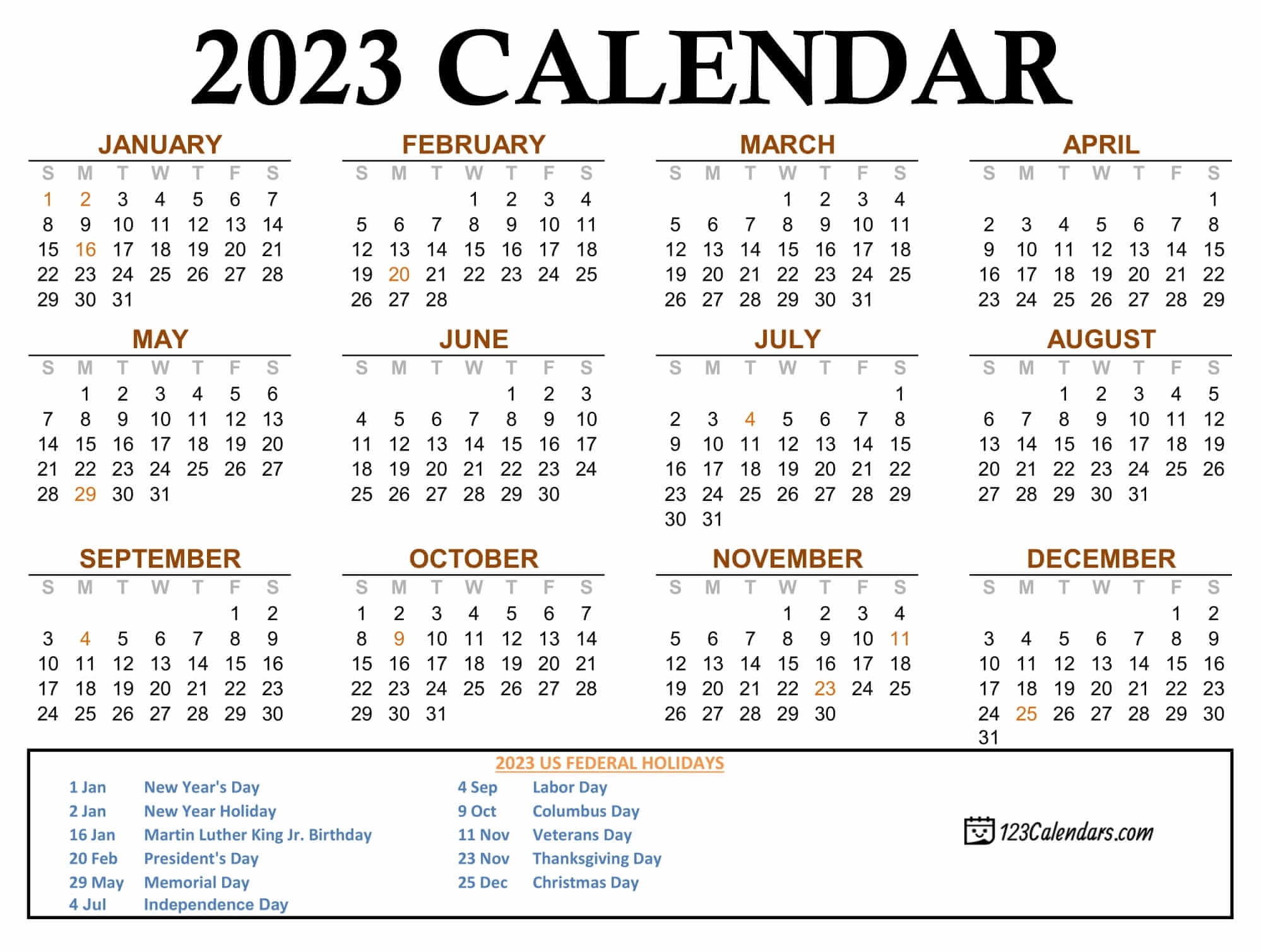 Year 2023 Calendar Templates 123Calendars